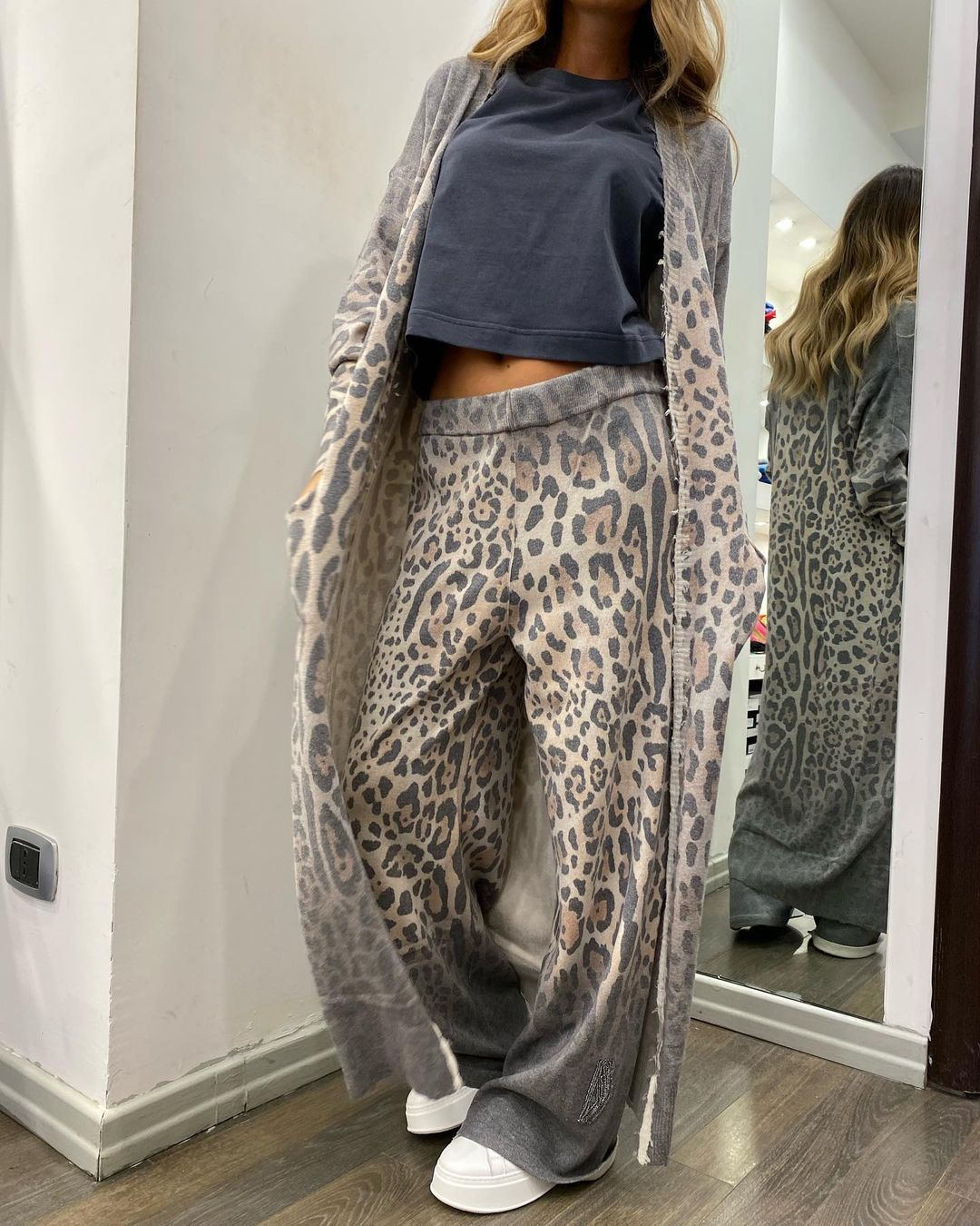 Women spring leopard print long-sleeved cardigan jacket and pant two-piece set