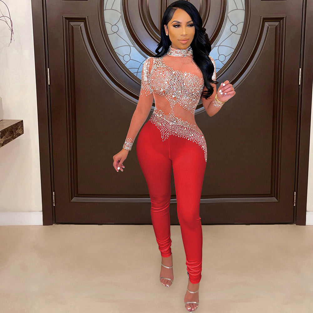 Women Sexy Mesh See-Through Beaded Long Sleeve Jumpsuit 23