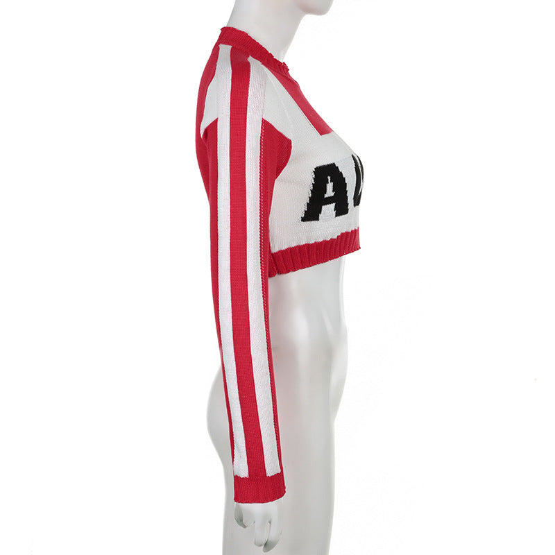 Women Patchwork Contrast Letter Half-High Neck Long Sleeve Crop Sweater 8