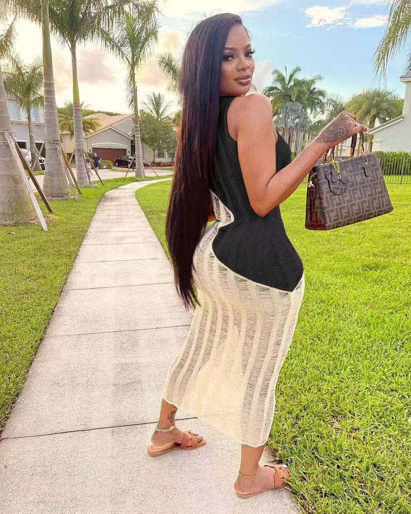 Women Sexy Sleeveless Knitting Color Block Dress 4