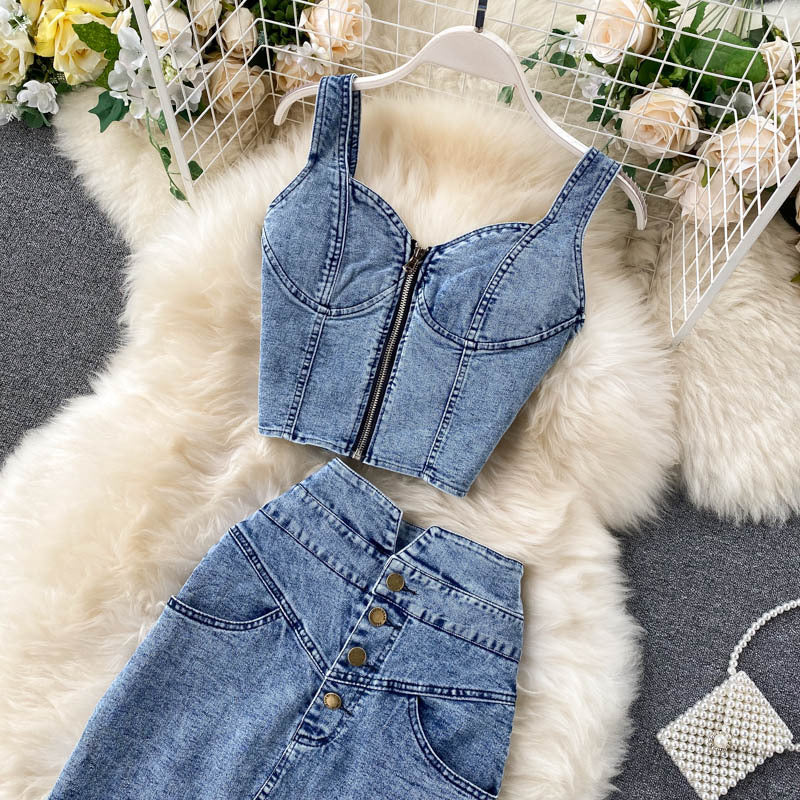 Women Feminine Crop Top and Denim Skirt Two-piece Set 4