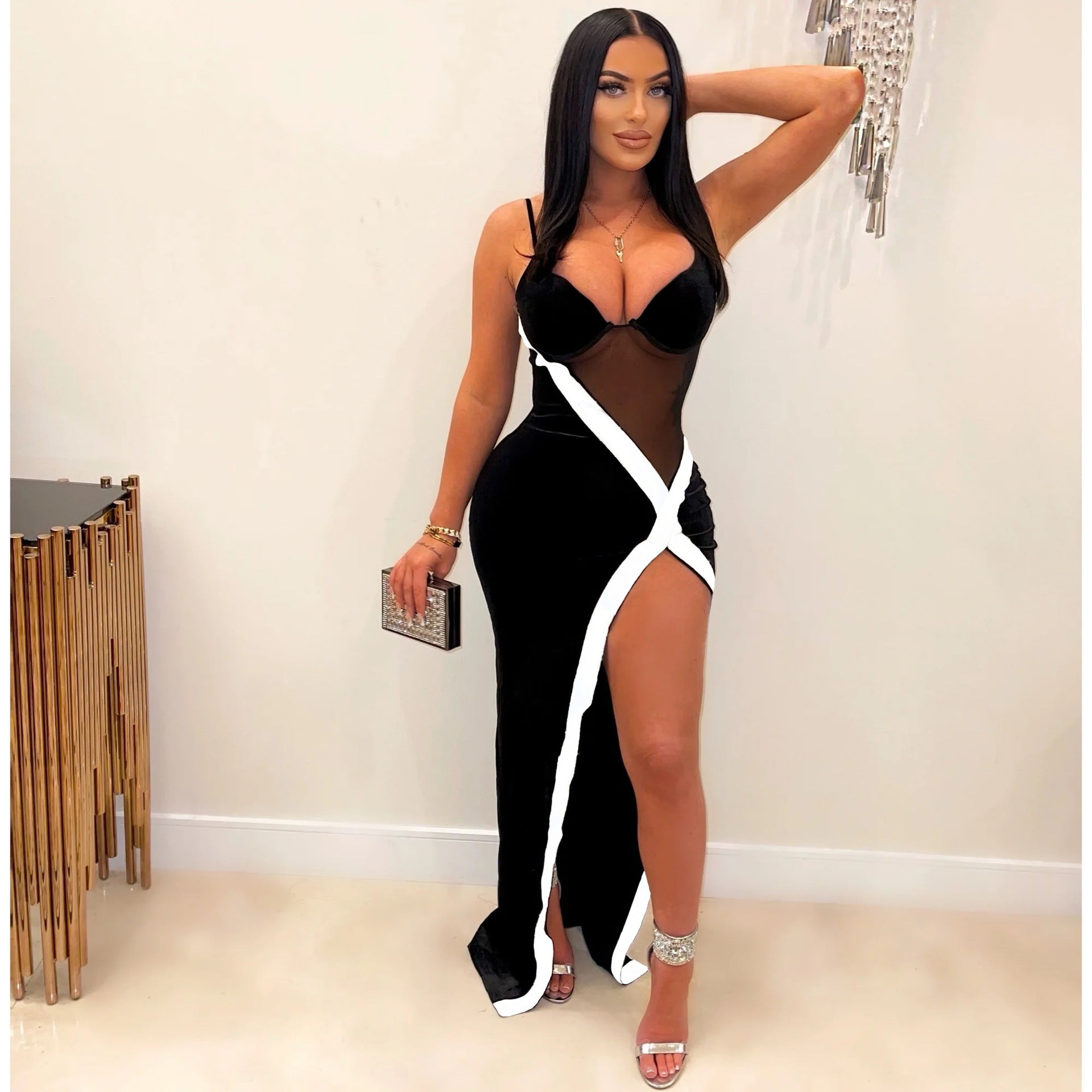 Women's Clothes Spring Summer Fashion Sexy Mesh Patchwork Suspender Irregular Slit Long Dress