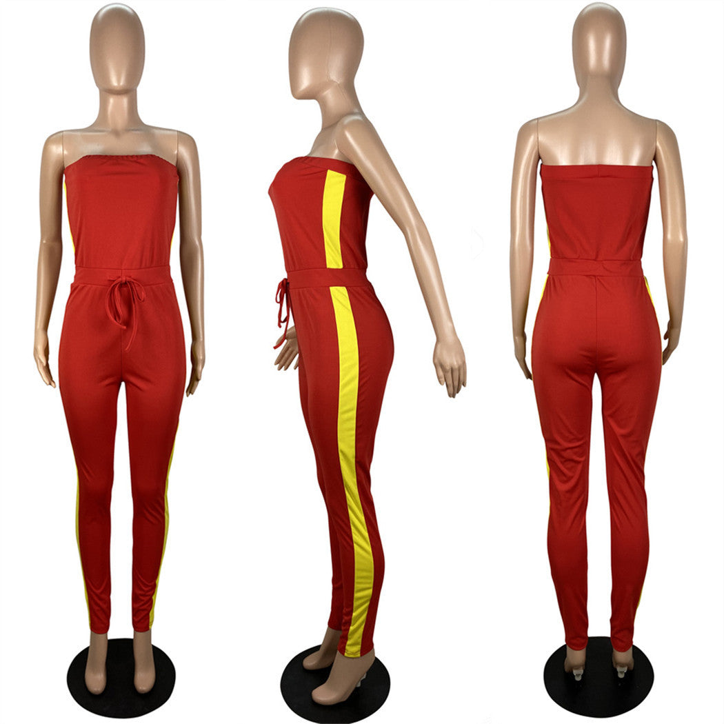 Spring and summer women's style slim fit strapless drawstring waist Jumpsuit 15