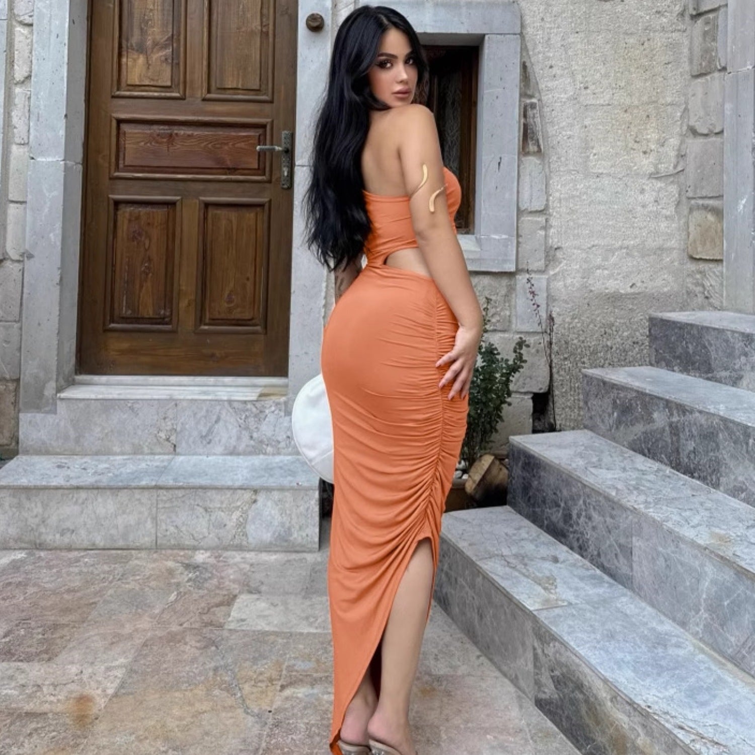 Women's Summer Sexy Solid Color Slash-Shoulder Low-Back Irregular Dress