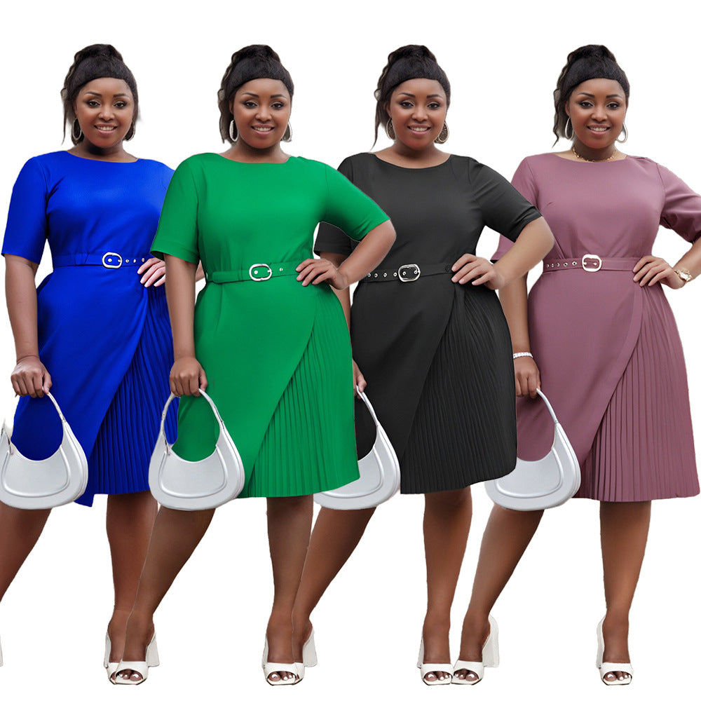 Plus Size Women Casual Patchwork Pleated Elegant Dress 13