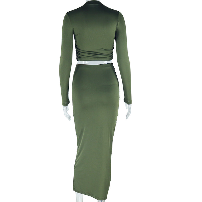 Solid Color Round Neck Irregular Long Sleeve Crop Top Slim Long Skirt Two Piece Set 16