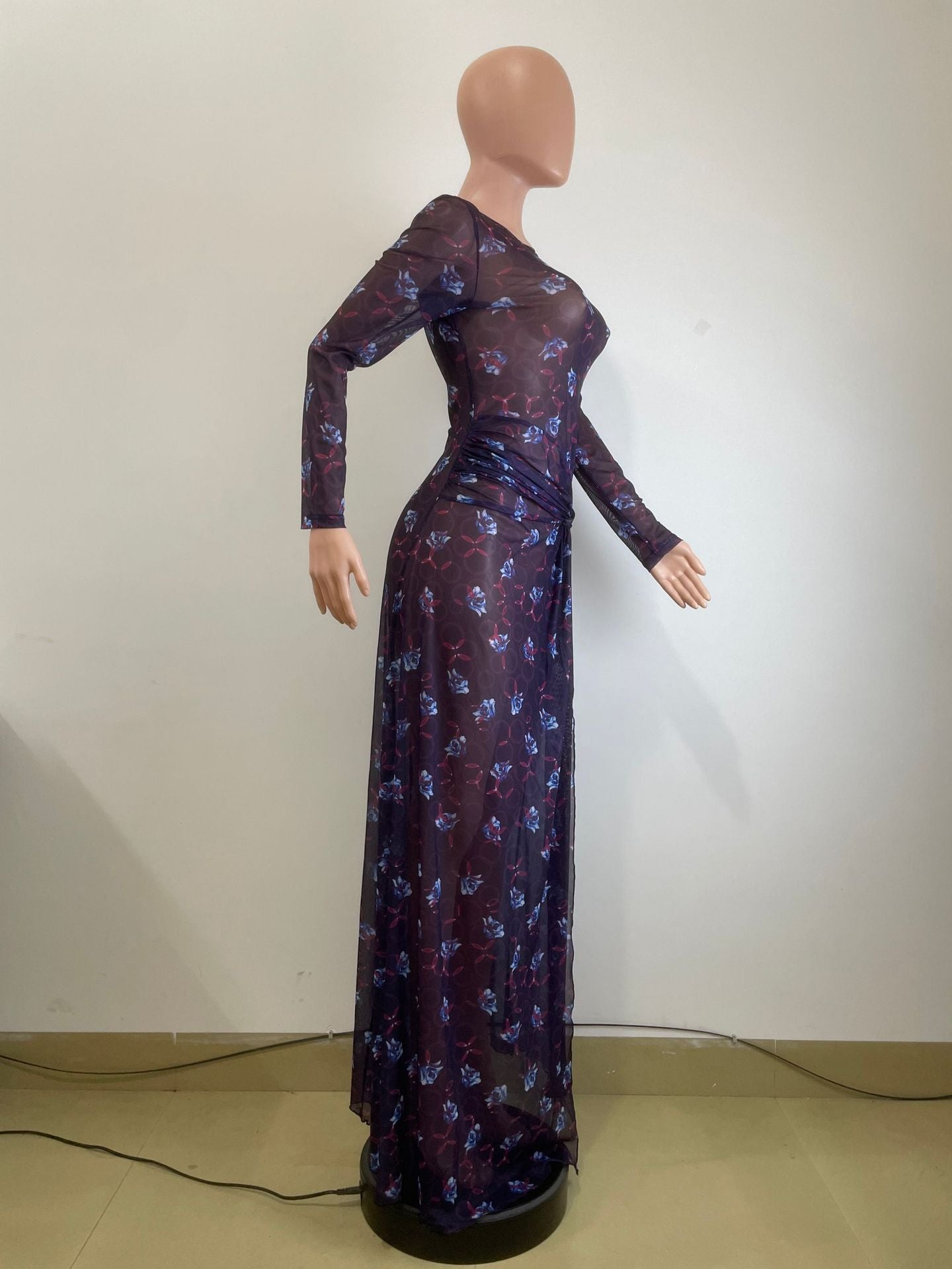 Women Fall/Winter Mesh Slit Long-Sleeved Dress 5