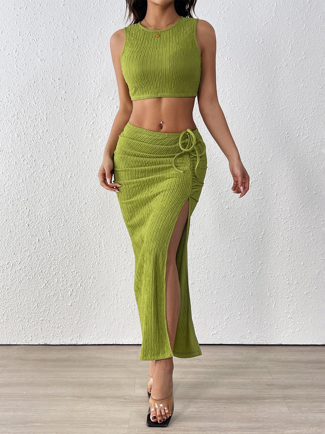 Textured Summer Sleeveless Vest Split Skirt Two-Piece Set 3