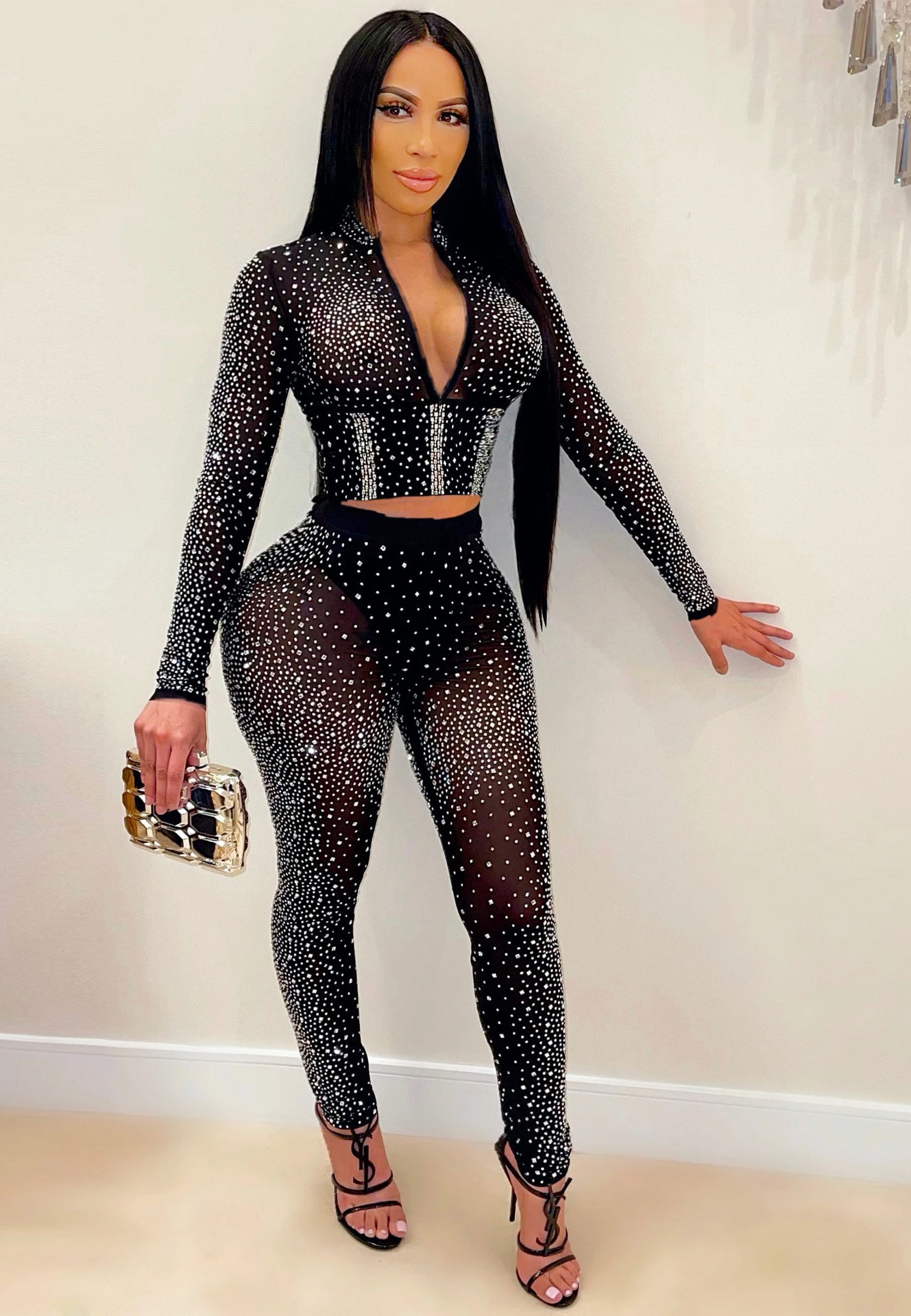 Summer Sexy Black Beaded Long Sleeve Crop Top and Pants Matching Set 3