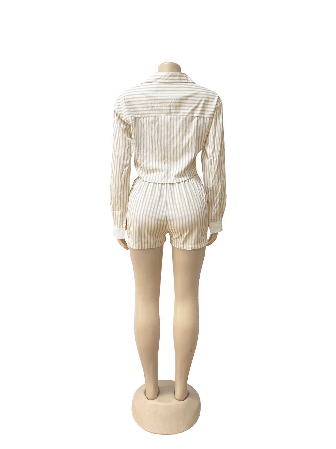 Women Spring and Summer Career Casual Turndown Collar Striped Long Sleeve Shirt Shorts Two-piece Set 10