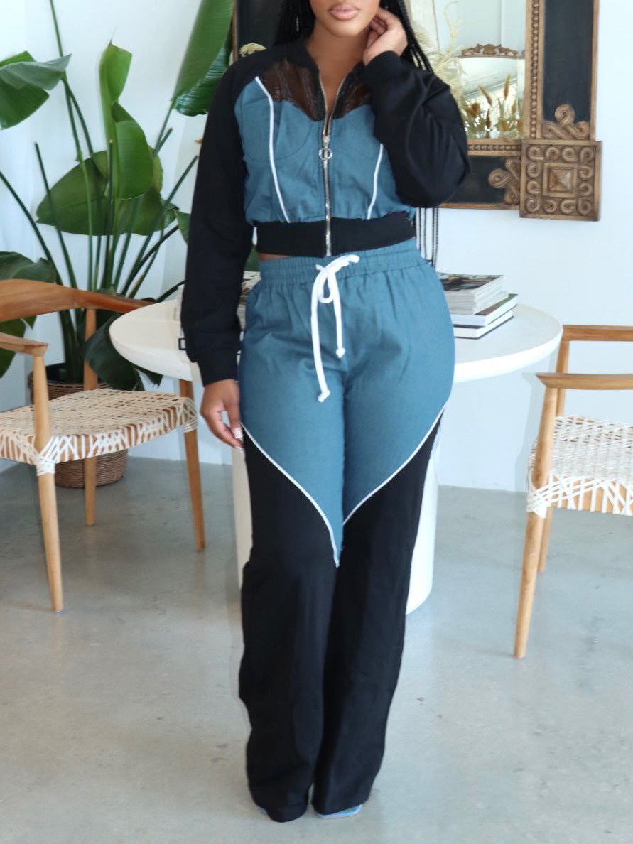 Women Denim Patchwork sports Hoodies and Pants two-piece set 4