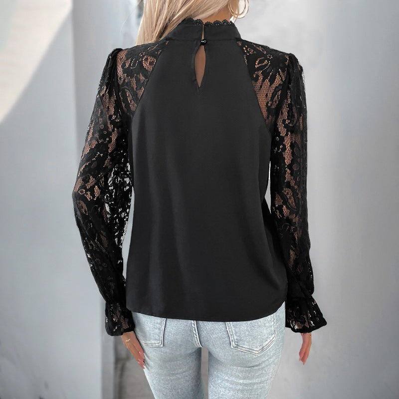 Career Women's Top Lace Patchwork Round Neck Long-Sleeved Shirt 4