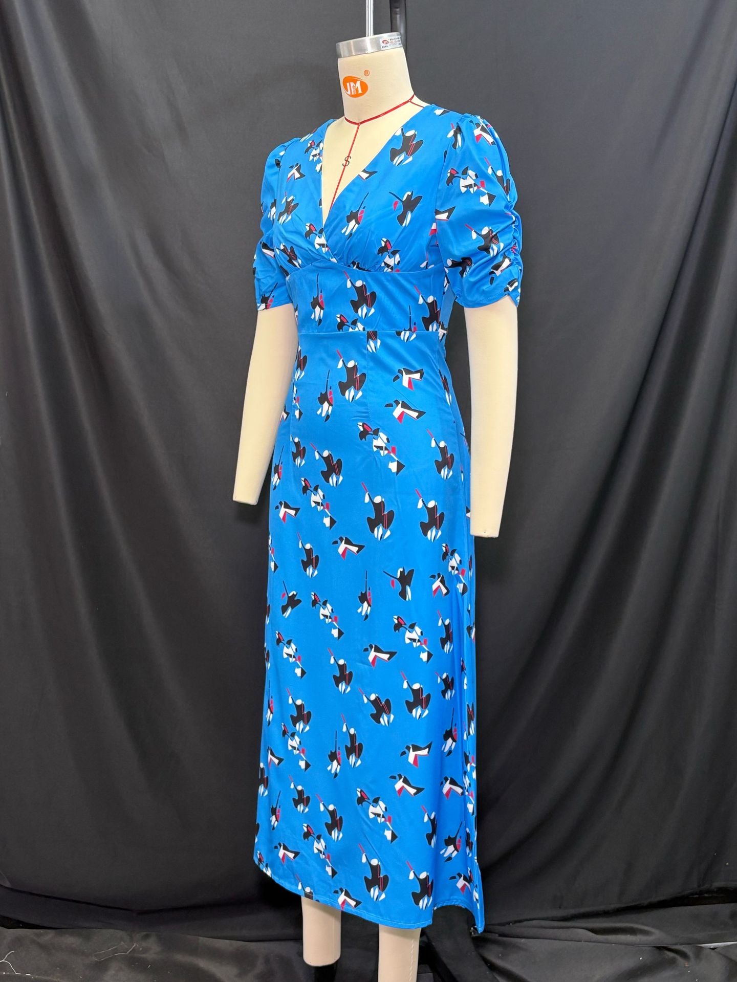 Women Summer Blue Printed V-Neck Puff Sleeve Dress 6