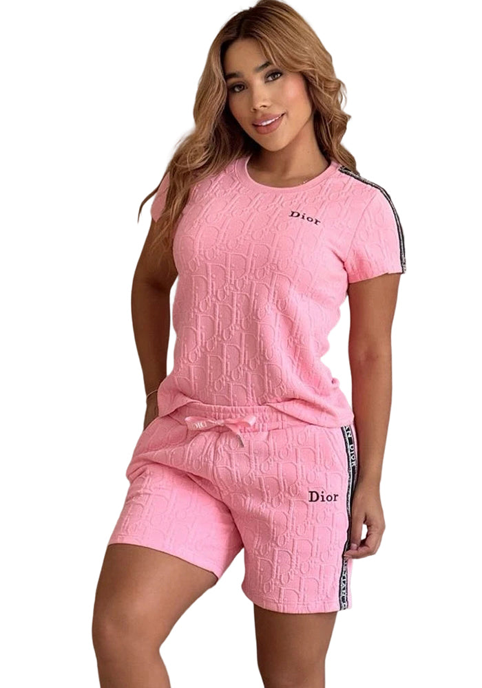 Fashionable Women's Embroidered Jacquard Short Sleeve Two Piece Shorts Set