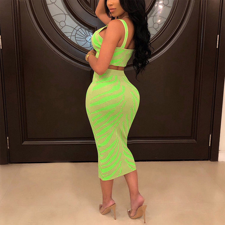 Women Sexy Print Zippered Crop Top and Skirt Two-Piece Set 4