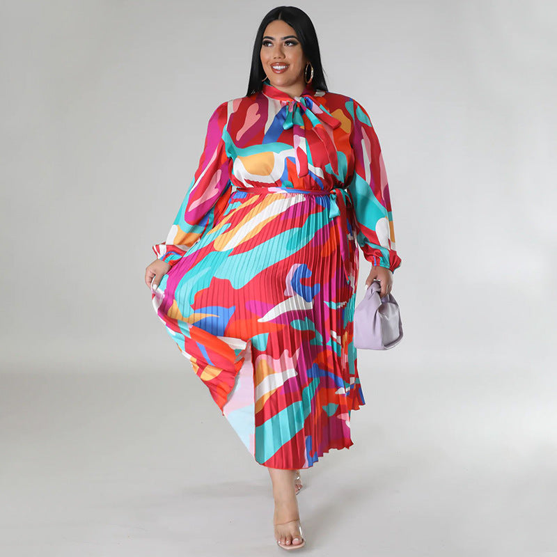 Plus Size Women Lace-Up Long Sleeve Printed Pleated Dress 13