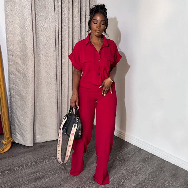 Women Casual Solid Turndown Collar short-sleeved shirt and wide-leg Pant two-piece set 6