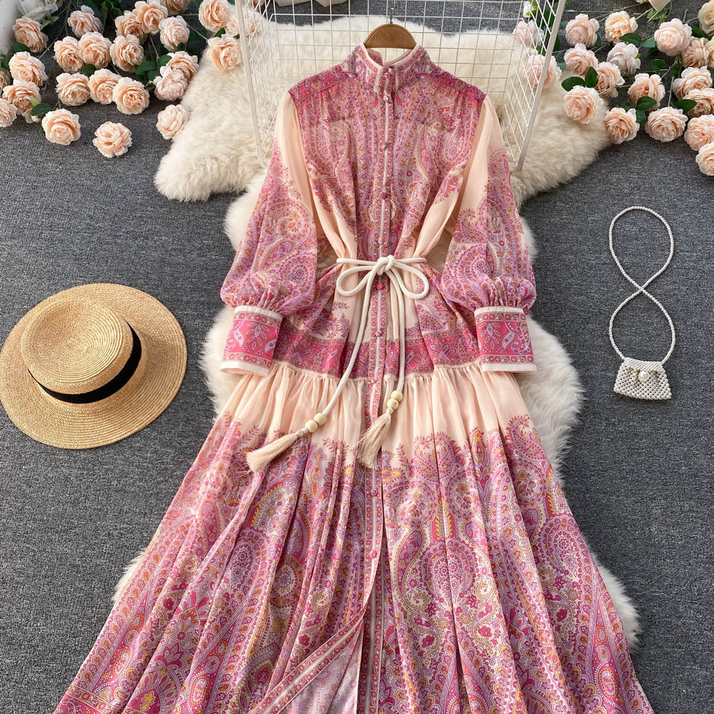 Women Stand Collar Balloon Sleeve Printed Dress 10