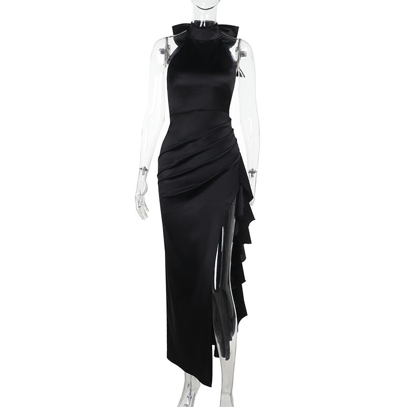 Women's Lace-up High Neck Slit Ruffle Formal Party Dress 7
