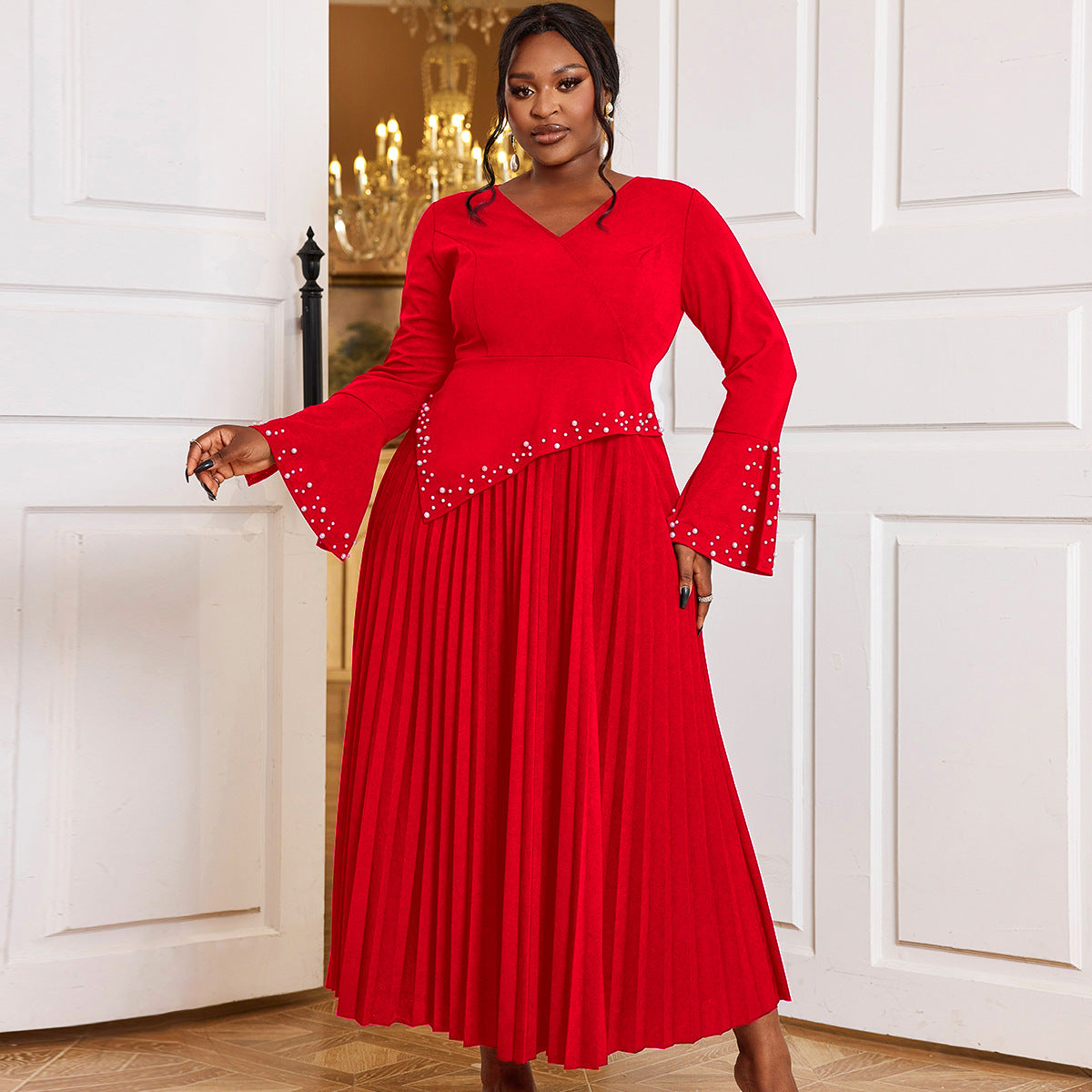 V-neck pleated Bell Bottom sleeve dress Career Formal Party pleated Dresses