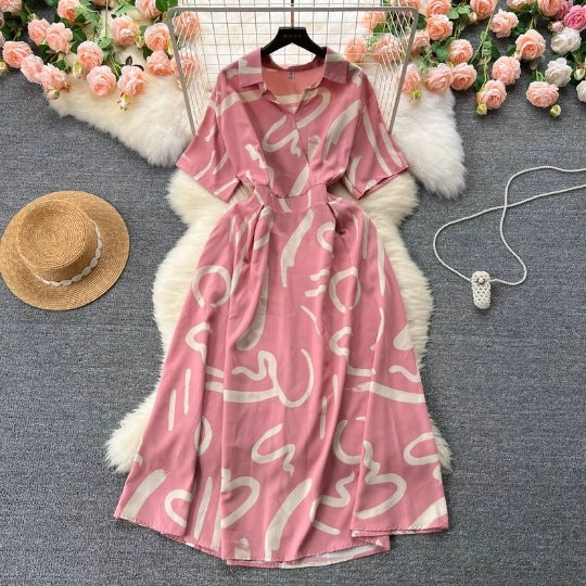 Chic Short-Sleeve Summer Holiday Slim Waist Print Dress 15