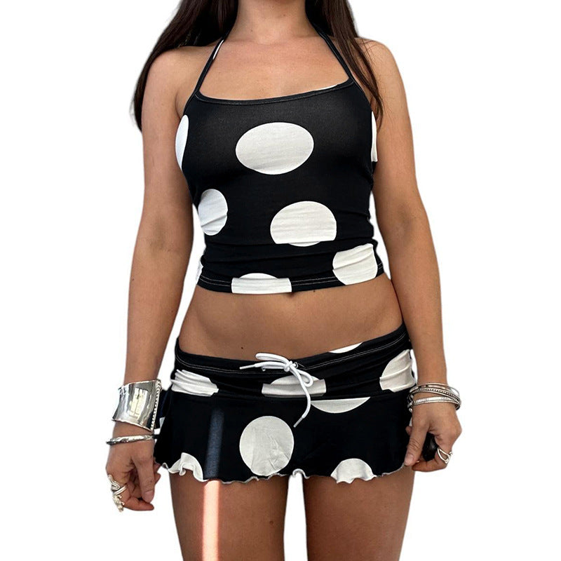 Polka Dot Black And White Contrast Print Halter Neck Crop Strap Top Drawstring High Waist Ruffle Skirt Casual Sexy Two Piece Set 3
