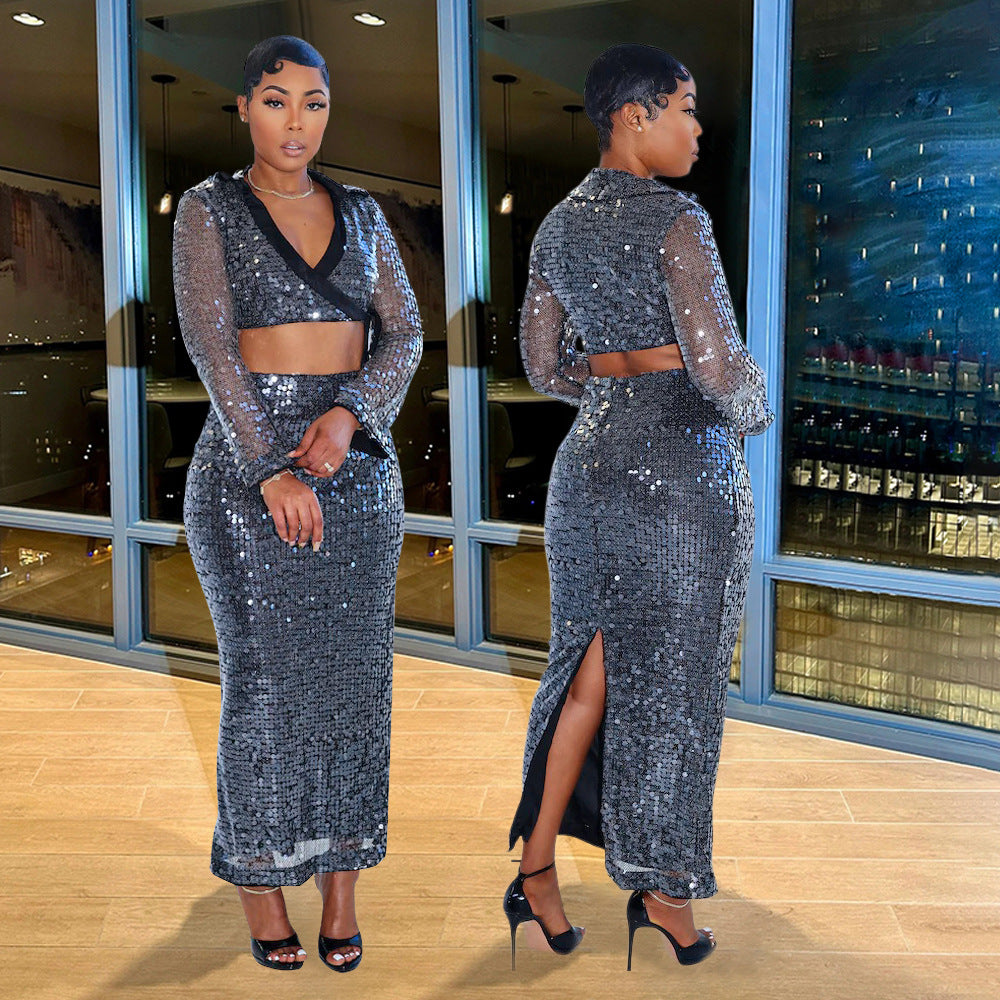 Turndown Collar Deep V Long Sleeve Sequin crop Top Bodycon Skirt Two-piece Set 3