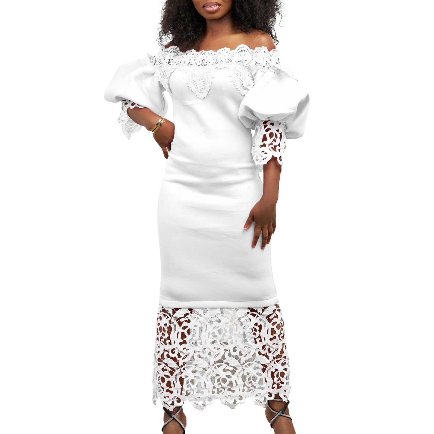 Women's Clothing Off Shoulder Lace Patchwork Puff Sleeve Formal Party Evening Dress 12