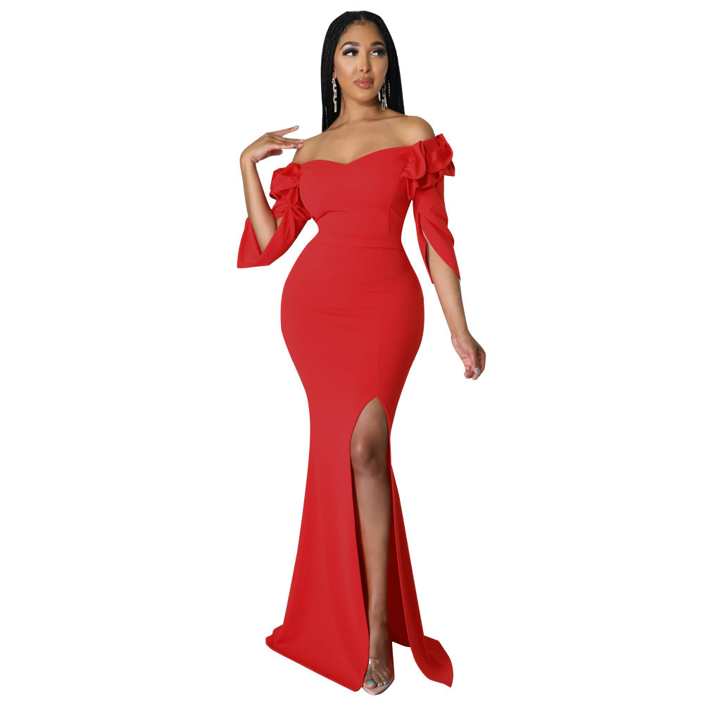 Ruffle Edge Off Shoulder Slim Fit Sexy Slit Women's Dress 4