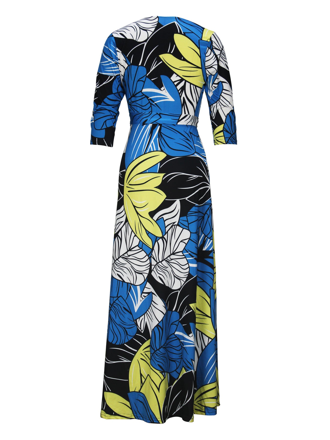 Spring & Autumn Women's Fashion Elegant Wrap V-Neck Half-Sleeve Print Belt Maxi Dress 59