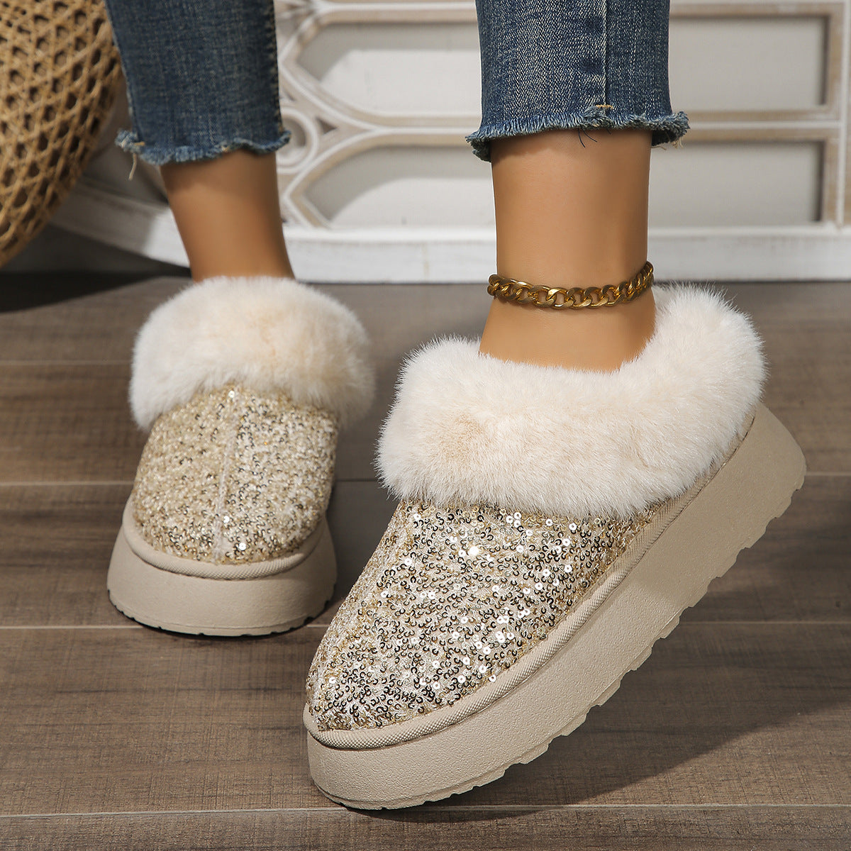 Autumn Winter Women's Thick-Soled Sequined Fleece Snow Boots 7