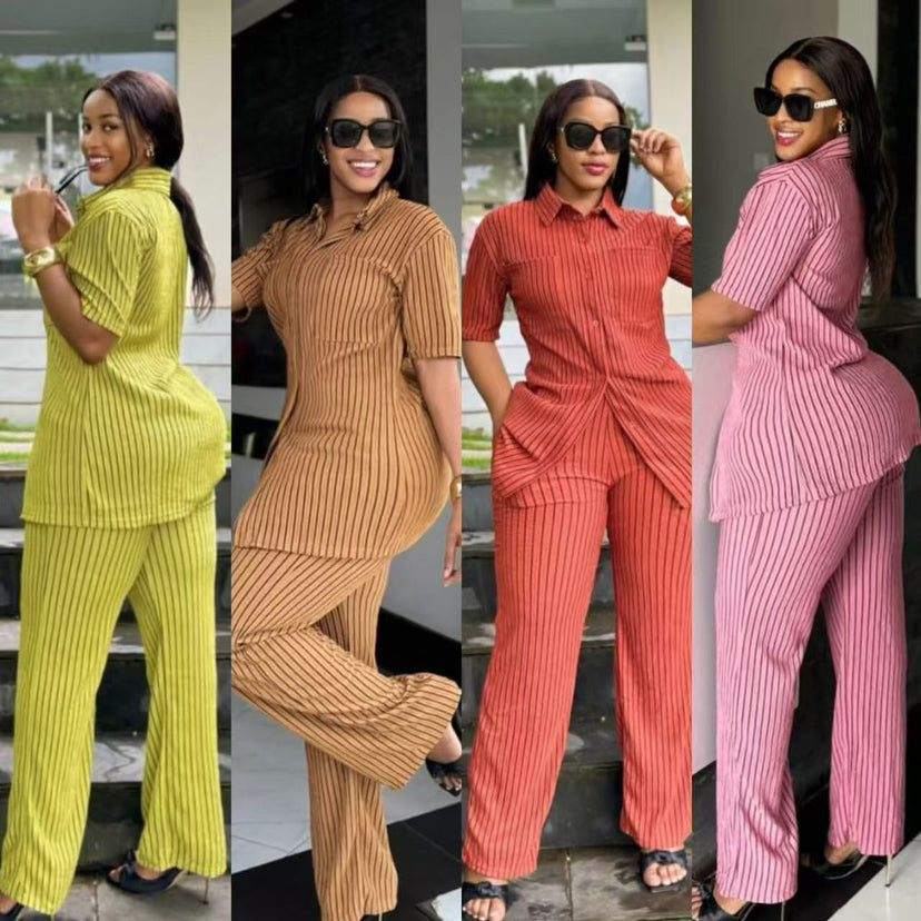 Women Vertical Striped Top and Pants 2-piece Set 6