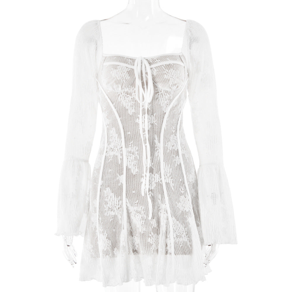 Spring Sexy Lace Bell Sleeve Long-Sleeve Low Back Bodycon Short Dress 13