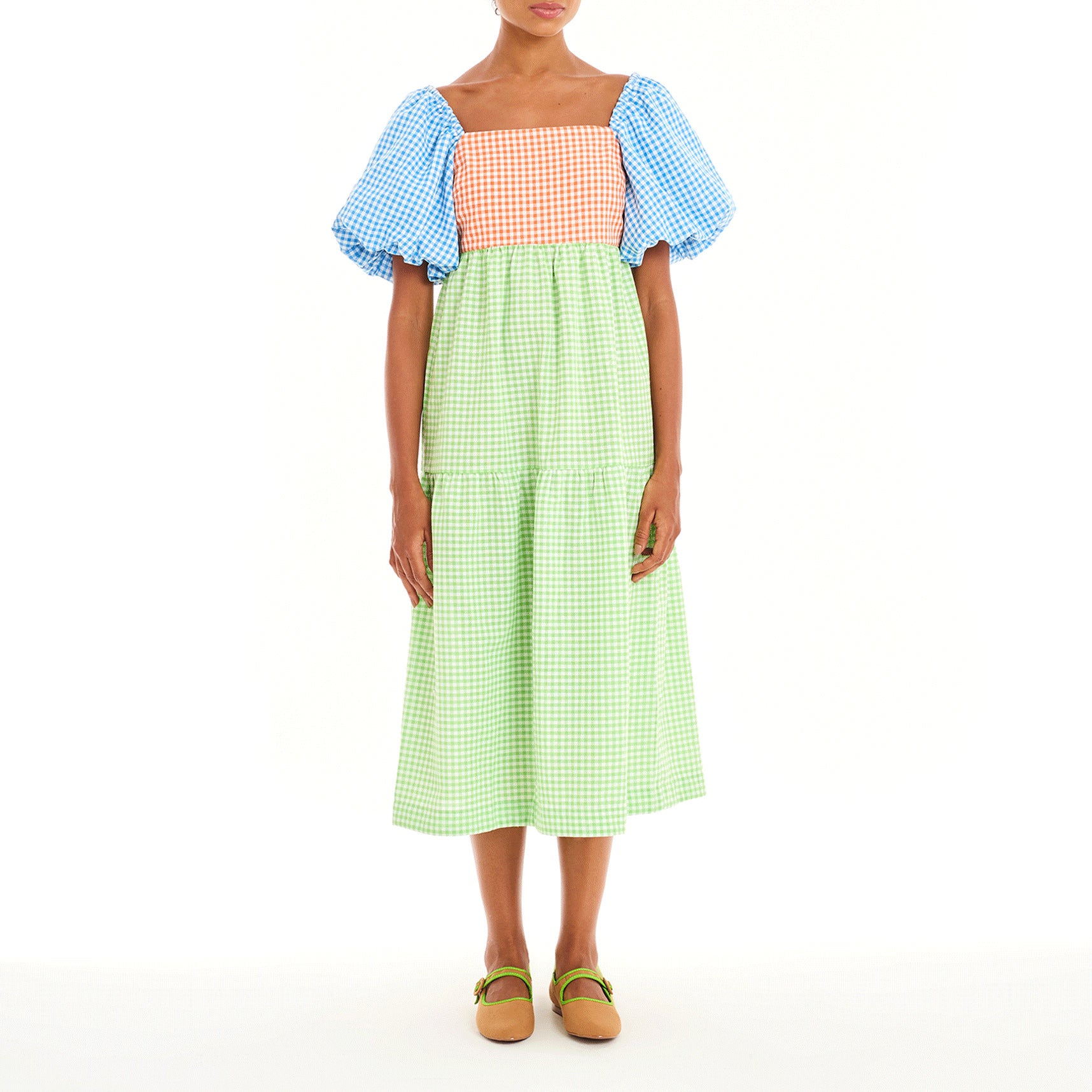 Women Color Block Backless Strappy Balloon Sleeve Dress 3