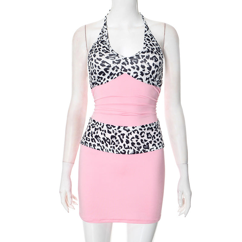 Women's Halter Deep V Neck Leopard Print Patchwork Mini Dress 8