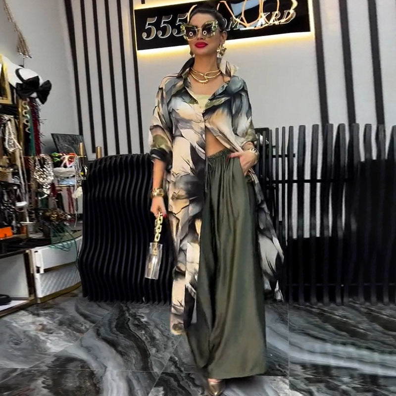 Stylish Printed Loose Cardigan Top Wide-Leg Trousers - Two-Piece Set 4