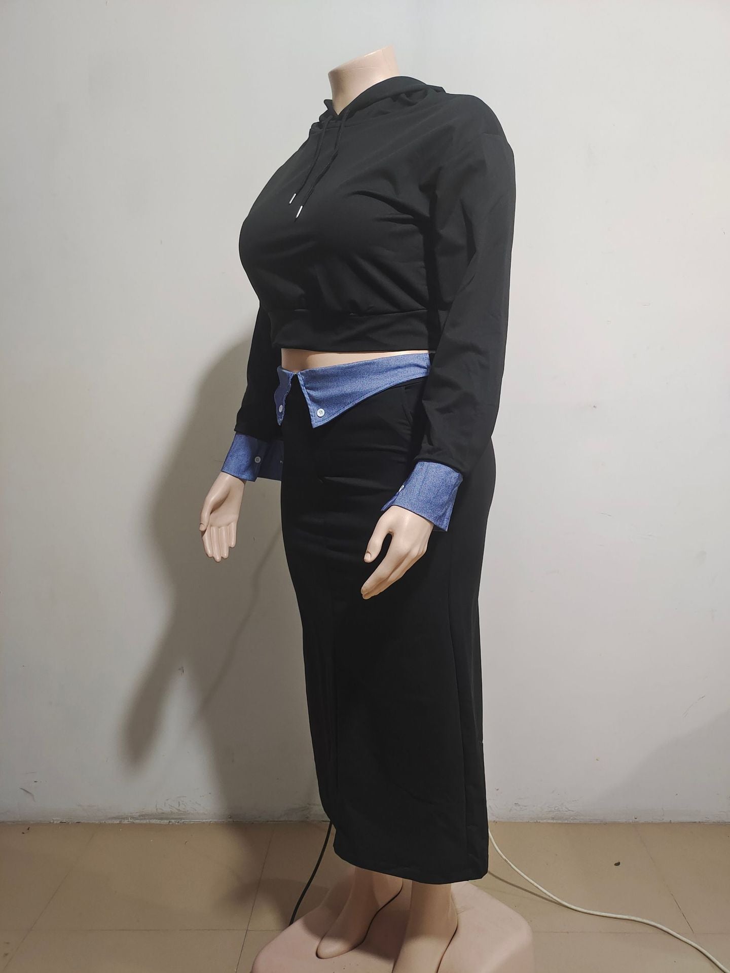 Women Winter Casual Long Sleeve Hoodies and Denim Patchwork Slit Skirt Two-piece Set 12