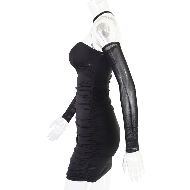 Women Spring/Summer Mesh Patchwork Solid Halter Neck Bodycon Dress 7