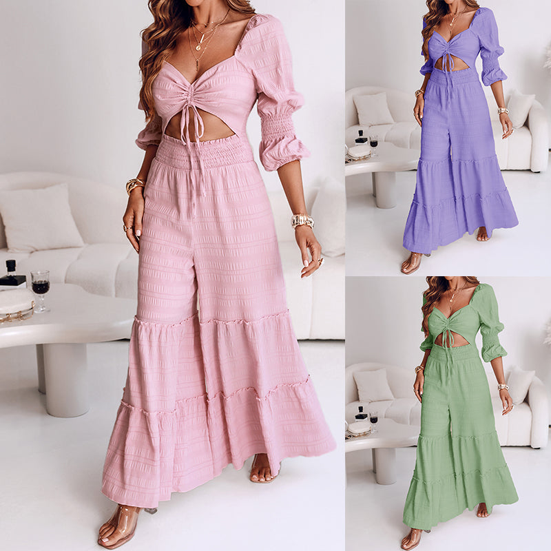 Women Square Neck Drawstring Puff Sleeve Wide Leg Jumpsuit 12