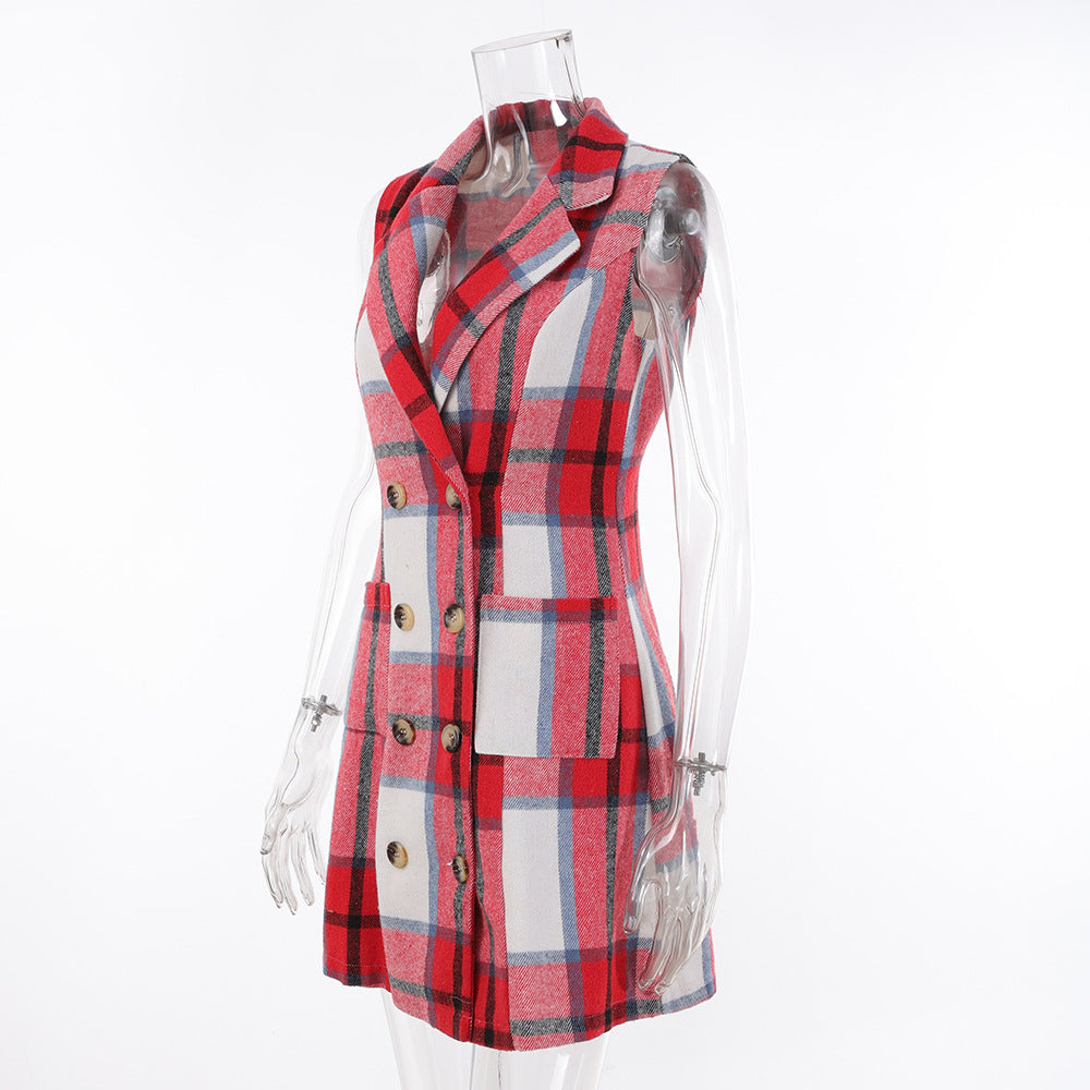 Women's Fashion Plaid Long Vest Turndown Collar Sleeveless Blazer 38