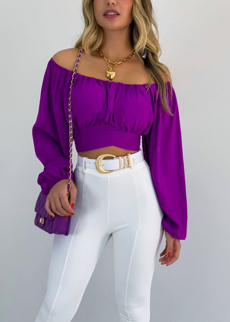 Top Women's Solid Color Lantern Sleeve Off Shoulder Sexy Puff Sleeve Crop Shirt 14