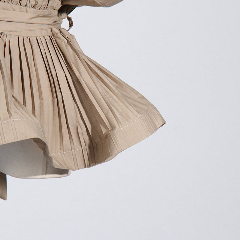 Spring Summer Fashionable Chic Khaki V-Neck Pleated Patchwork Sleeveless Lace-Up Women's Shirt 17