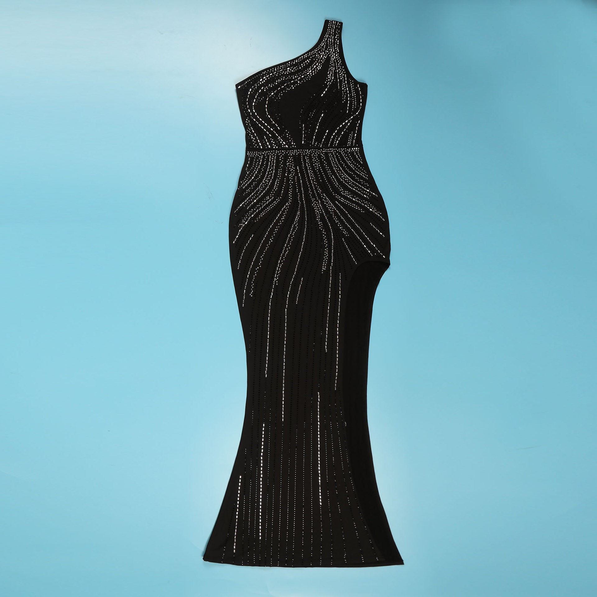 Women Elastic Beaded Sleeveless Slash Shoulder Slit Bodycon Dress 17