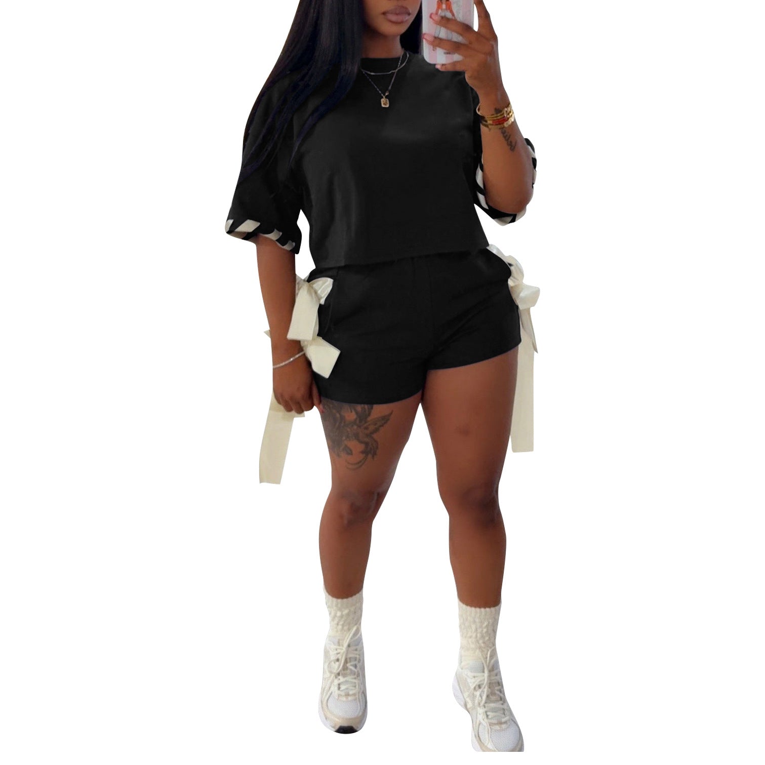 Women Casual Solid Round Neck Short-Sleeved T-Shirt and Shorts Two-Piece Set 14