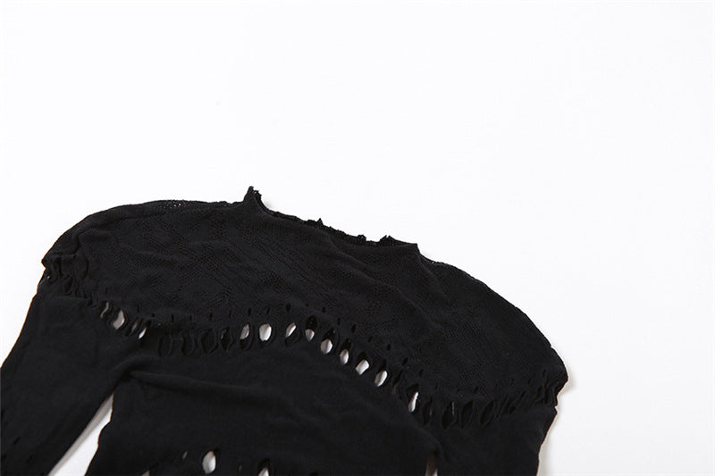 Fall Women's Sexy Round Neck Cutout Tight Fitting Top High Waist See-Through Casual Pant Set 14