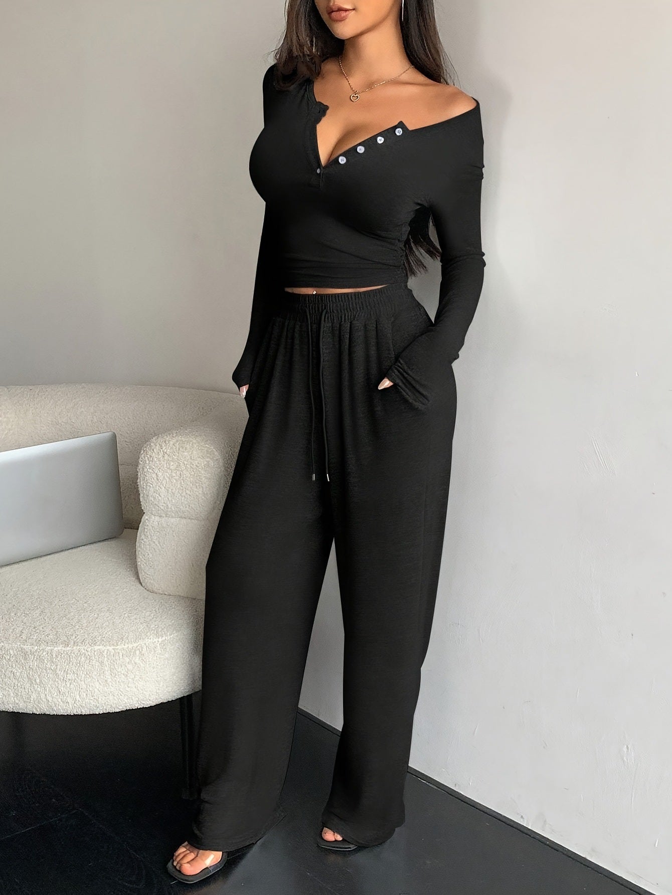 Women Fall Long-Sleeved Buttoned Solid Top and Pants Two-Piece Set 3