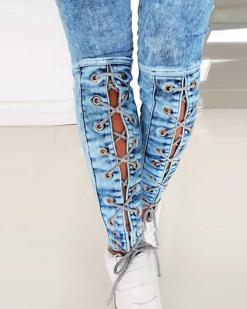 Women Fall High Waisted Style Lace-Up Denim Pants 4