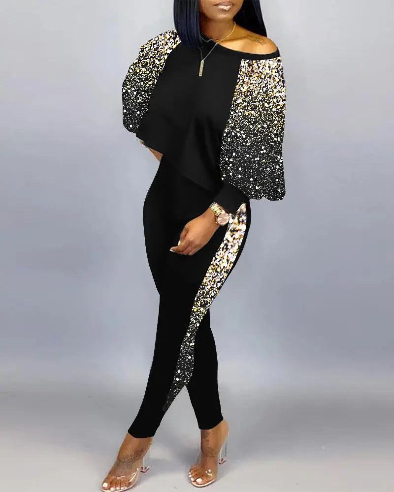 Women Long Sleeve Round Neck Print Off Shoulder Top and Pant Casual Two Piece Set 5