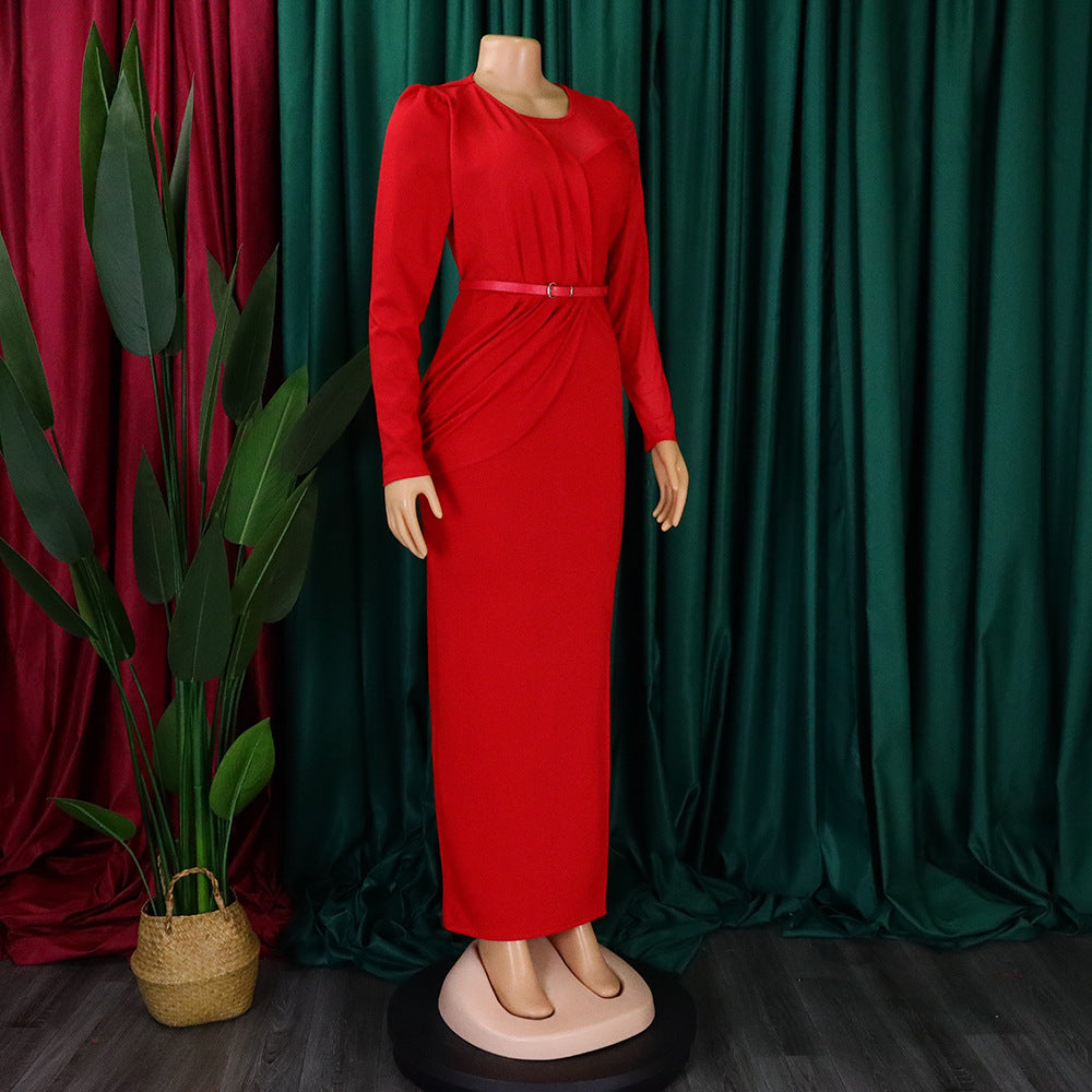 Summer Solid Round Neck Pleated Long Sleeve Plus Size Dress 10