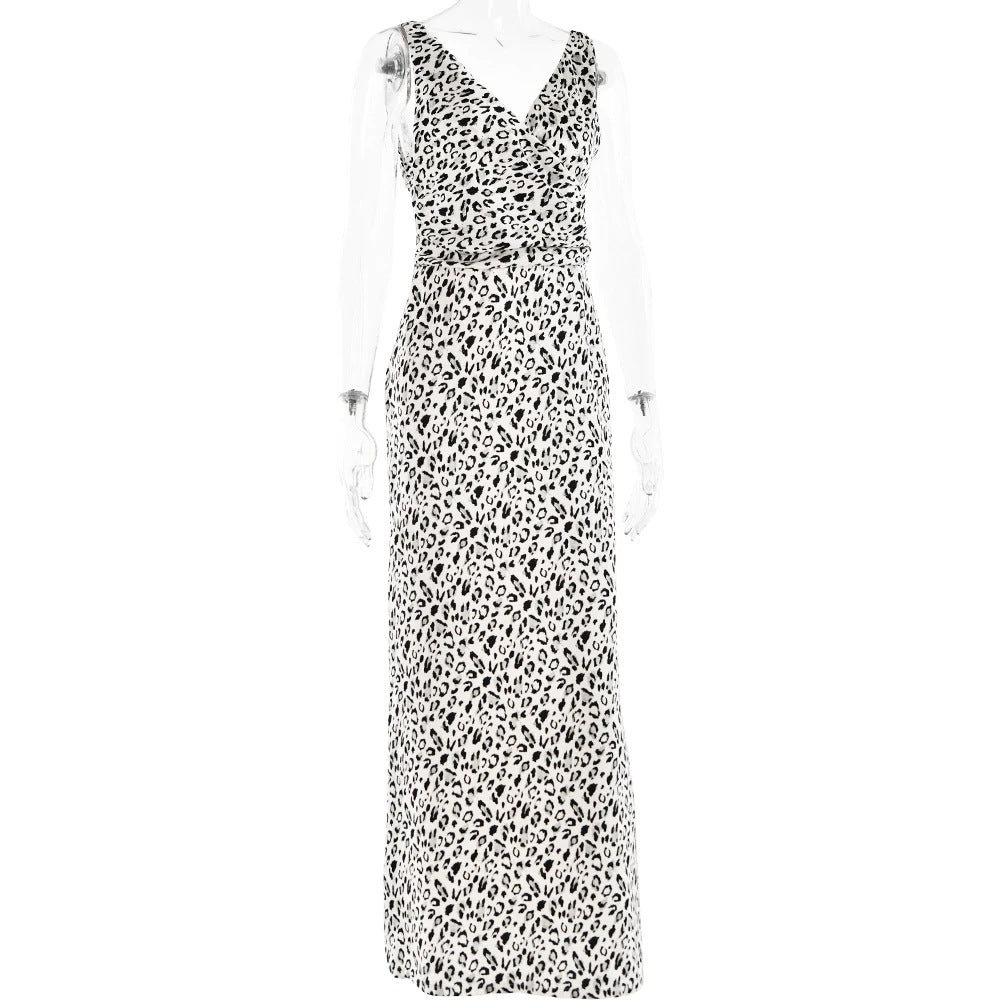Women's Leopard Satin V-Neck Strap Low Back Sexy Slim Long Dress 7